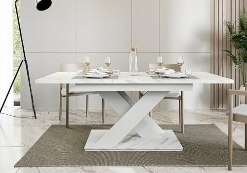 Extendable Dining Table White Bianco Marble 140-180cm Modern Fold
