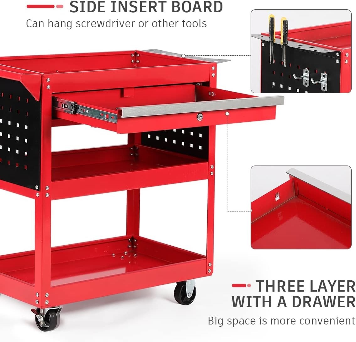 Heavy Duty Red 3-Tier Garage Tool Storage Trolley w/ Locking Wheels 35x82x76cm