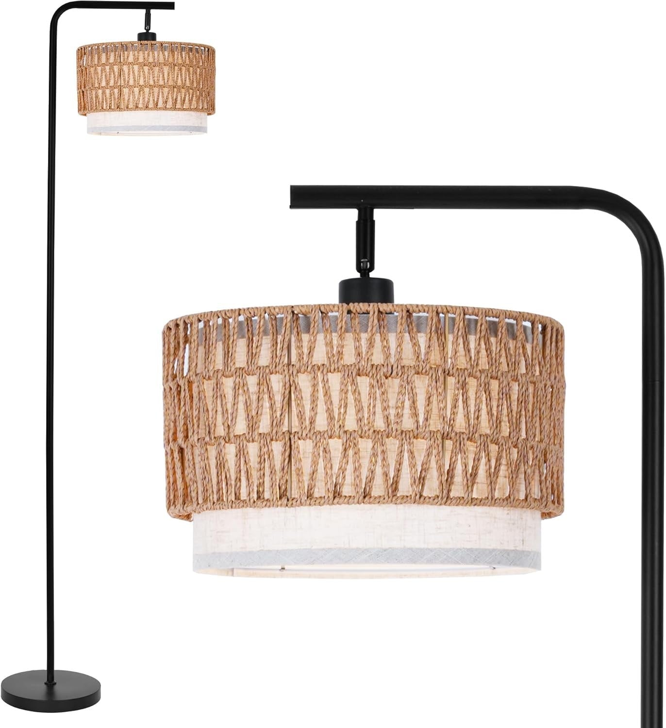Rattan Floor Lamp with Fabric Shade & Foot Switch, 173cm Tall
