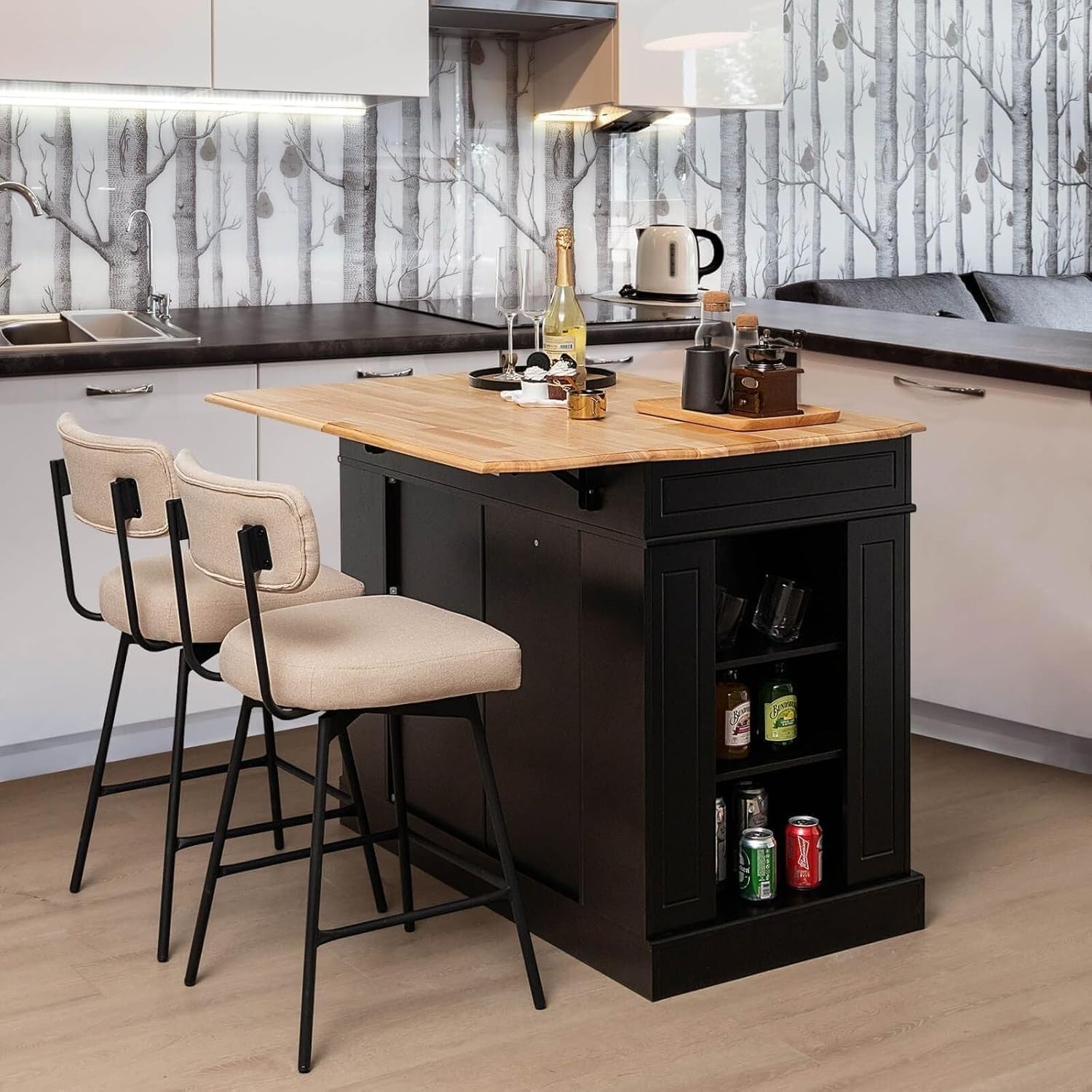 Kitchen Island Trolley Black with Drop-Leaf, Storage & Lockable Wheels