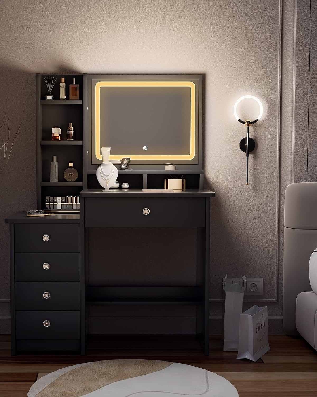 Black Vanity Desk with LED Mirror Lights 5 Drawers Makeup Table Compact 90cm