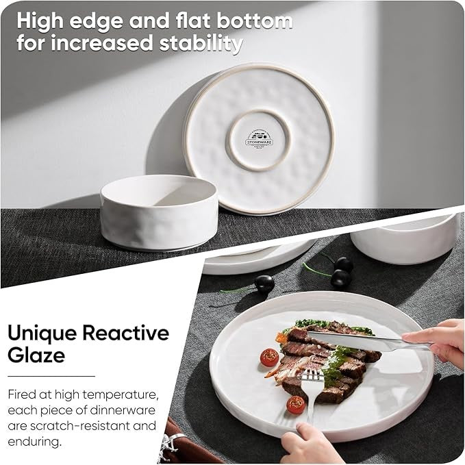 12pc White Stoneware Dinner Set Plates Bowls Reactive Glaze Service for 4