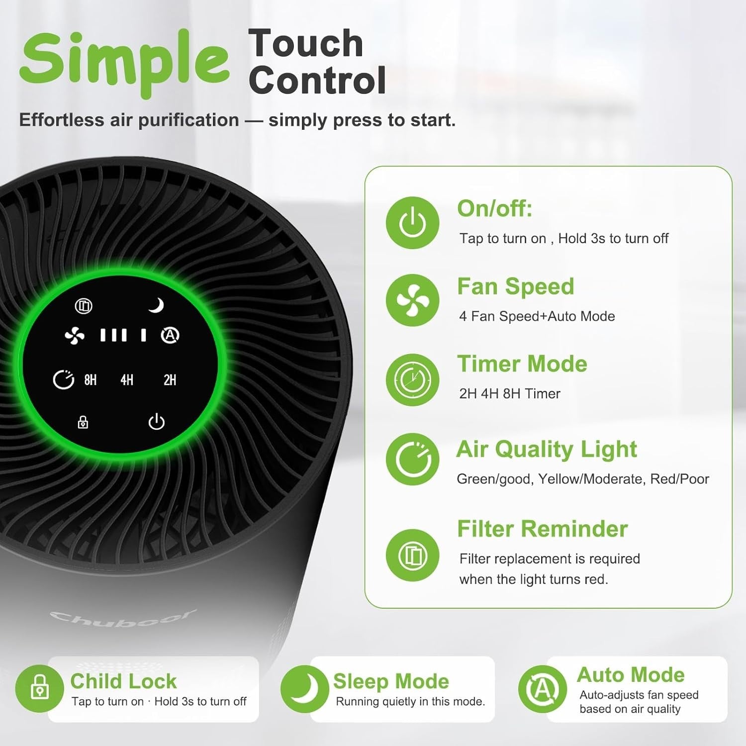 Large Room HEPA Air Purifier 1200ft² Pets Allergy Quiet Sleep Mode