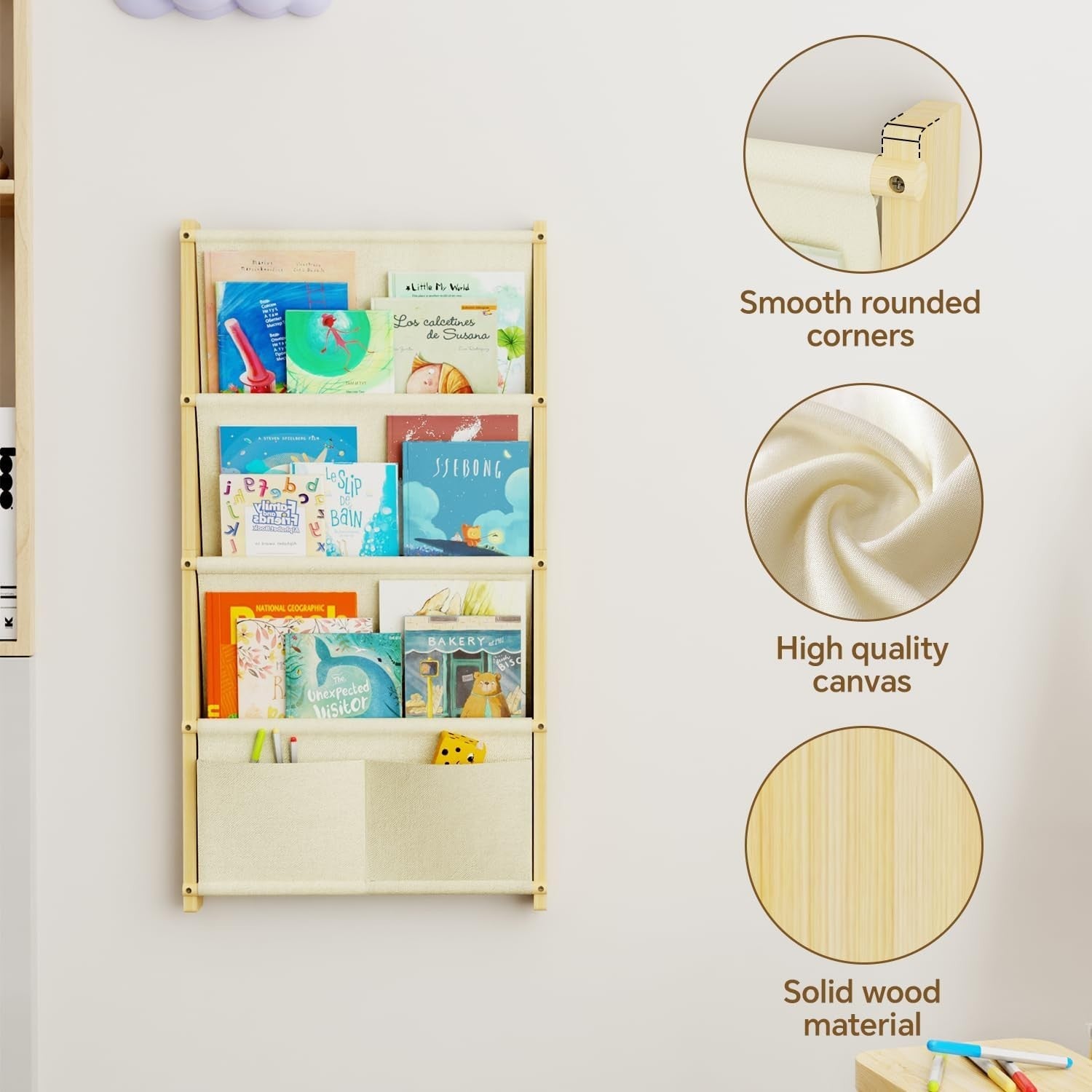 Wall Mounted Kids Bookshelf 4-Tier Solid Wood Floating Book Rack Organizer