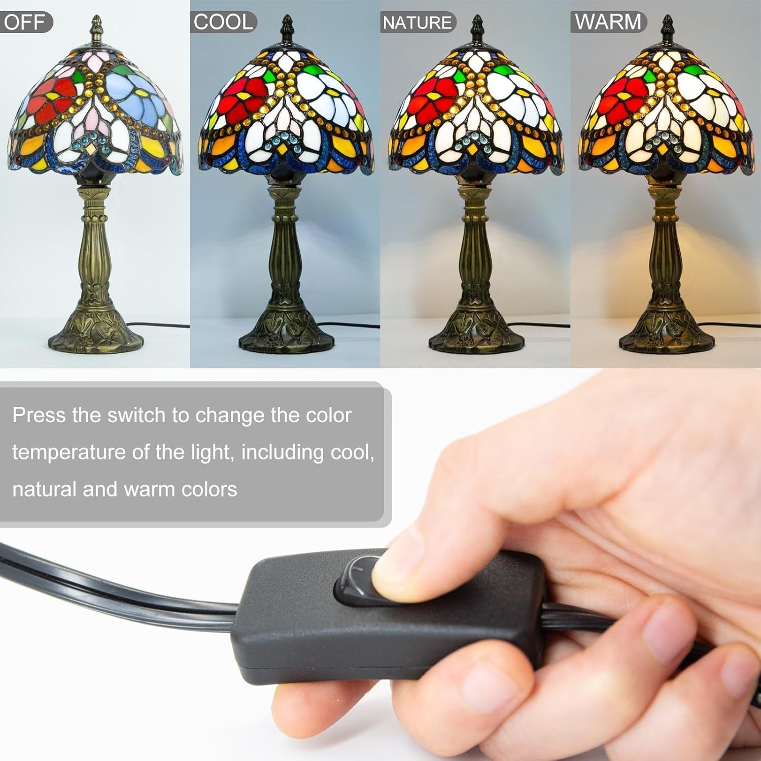 Red Rose Tiffany Table Lamp, Dimmable LED, Vintage Resin, Mood Lighting