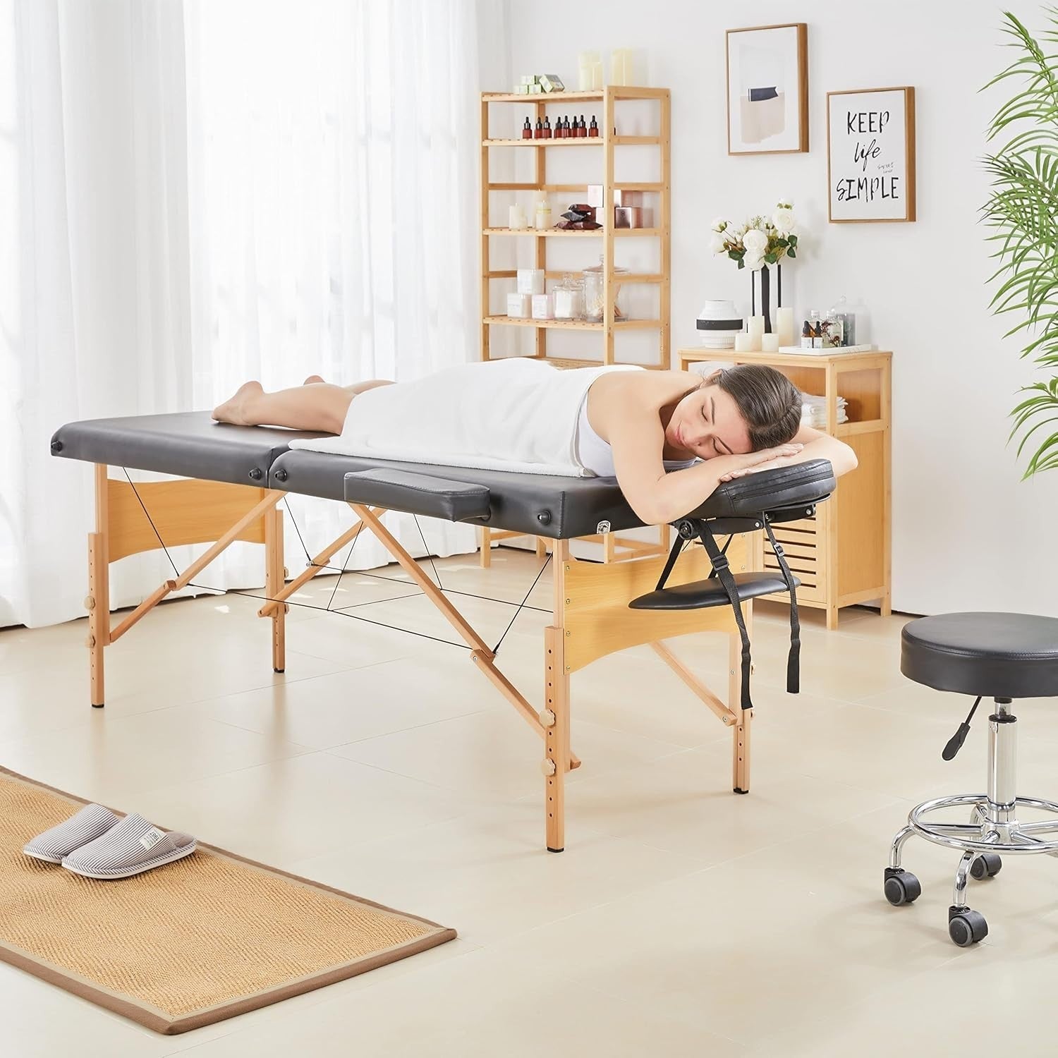 70cm Portable Massage Table | Foldable Wooden Lash Beauty Bed 2-Section Black