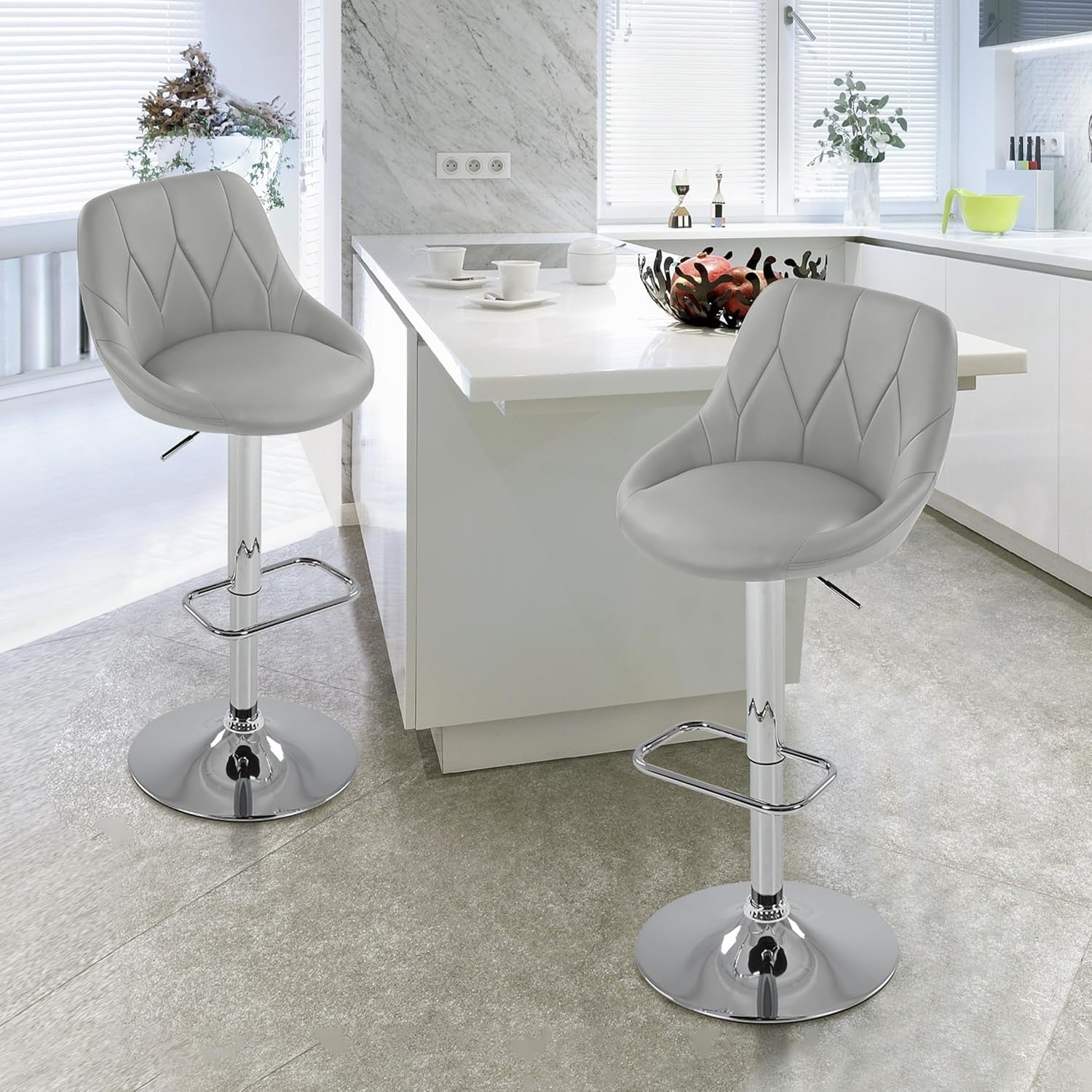 Adjustable Swivel Bar Stools with Backrest & Footrest – Light Grey