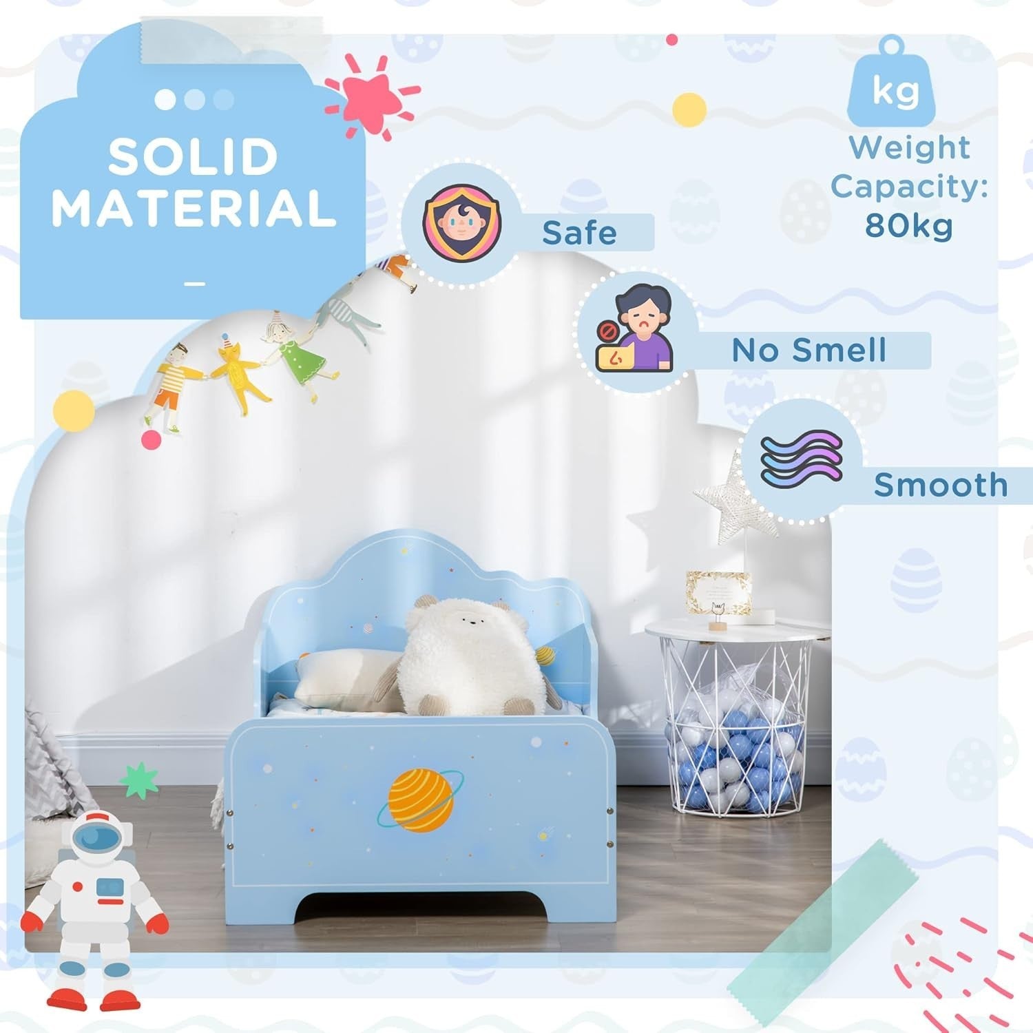 Kids Toddler Bed with Safety Rails Wooden Low Frame Boys Girls Bedroom Blue