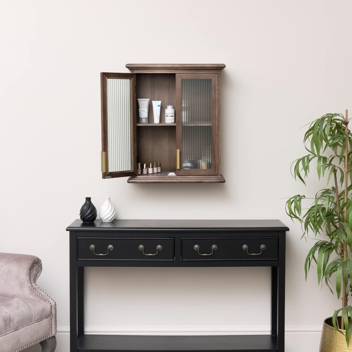 Rustic Wooden Glass Wall Cabinet with Reeded Doors & Gold Handles - 50x61x19cm