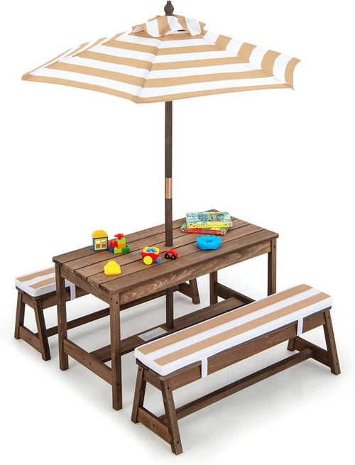 Kids Wooden Picnic Table Bench Set w/ Umbrella & Cushions Outdoor Indoor
