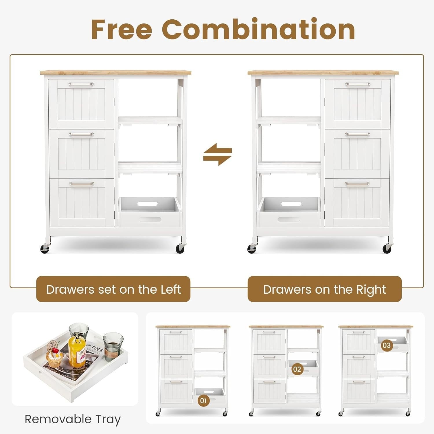 White Kitchen Island Cart 3 Drawers Rolling Trolley