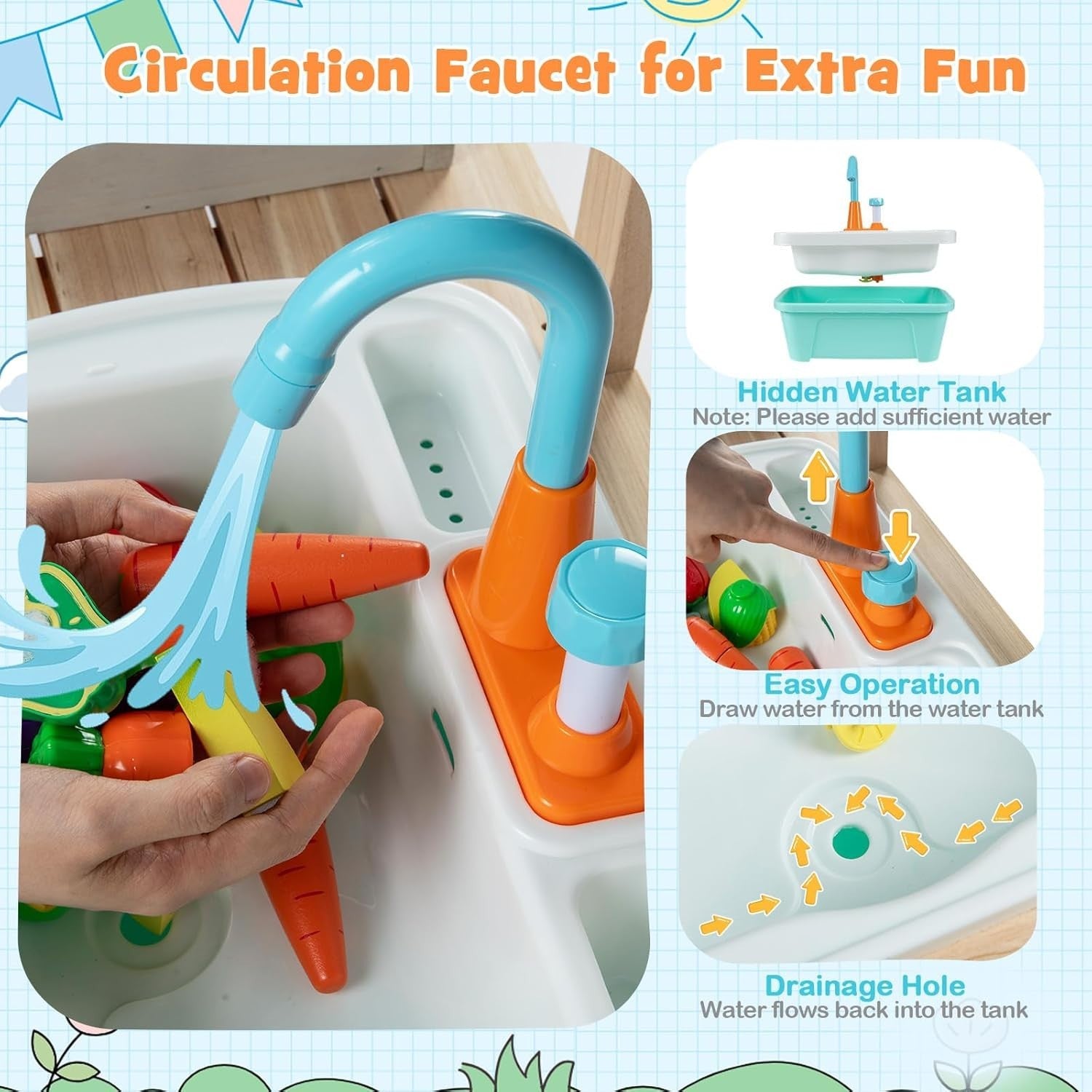 Kids Outdoor Mud Kitchen Wooden Playset Sink Faucet BBQ Toy 3+