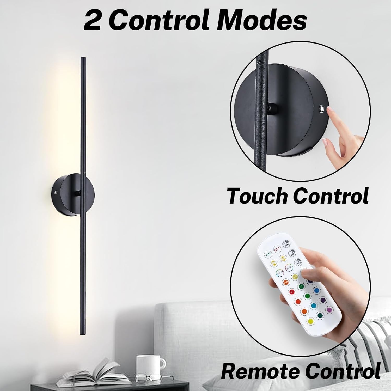 Wireless LED Wall Lights Set of 2 Rechargeable 15 Colors Remote 80CM