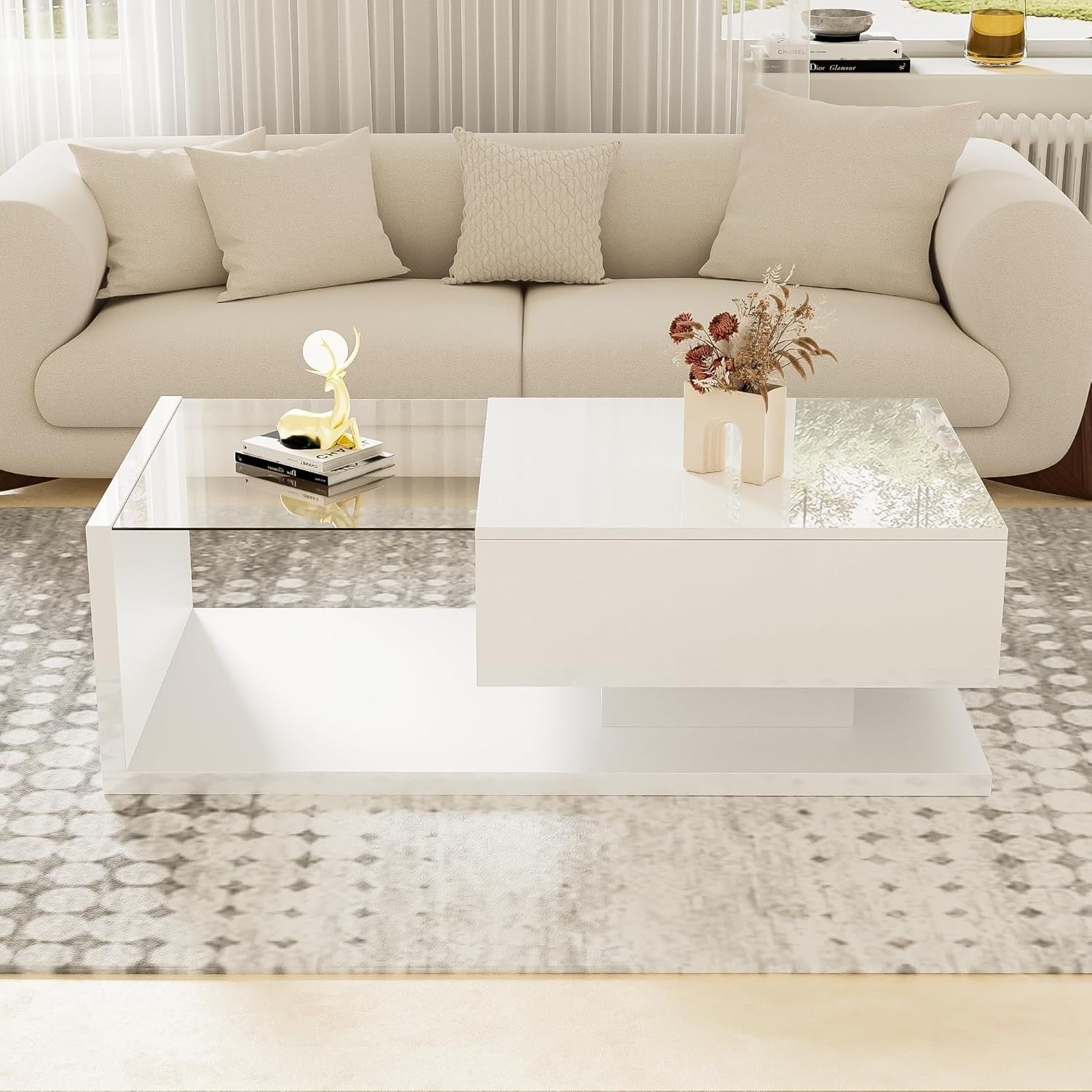 LED Coffee Table with Storage Compartment & 16-Color Lights, 105x55x32.5cm