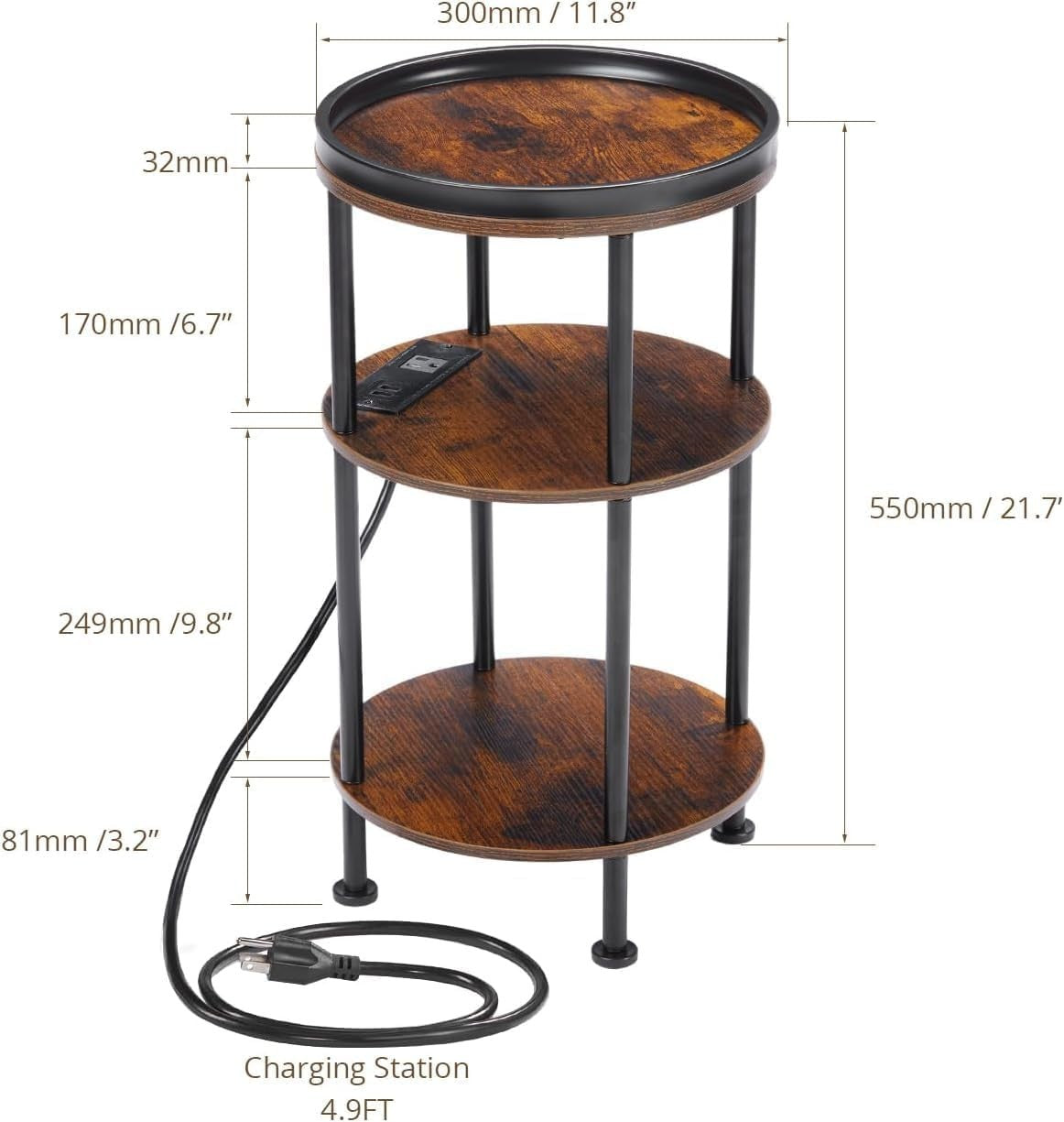 Small Round End Table with USB & Power Outlets, 3-Tier Rustic Side Table