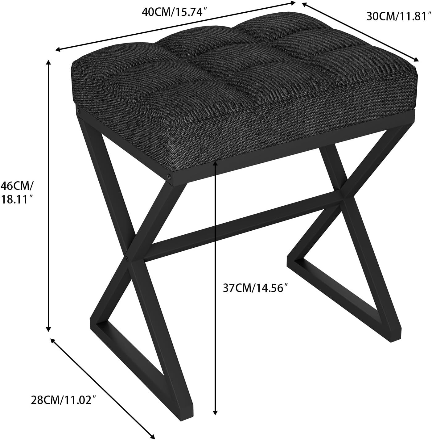 Black Linen Vanity Stool Ottoman with X-Shaped Metal Legs Footrest Bench