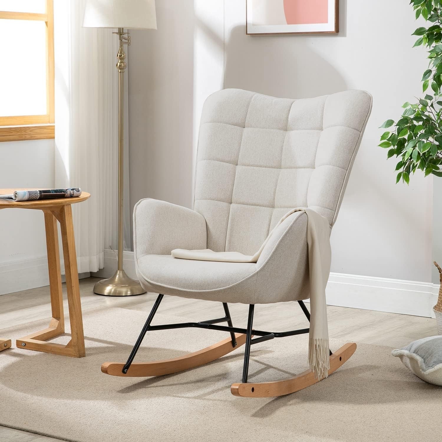 Beige Rocking Chair for Nursery w/ High Back, Comfy Fabric & Metal Legs
