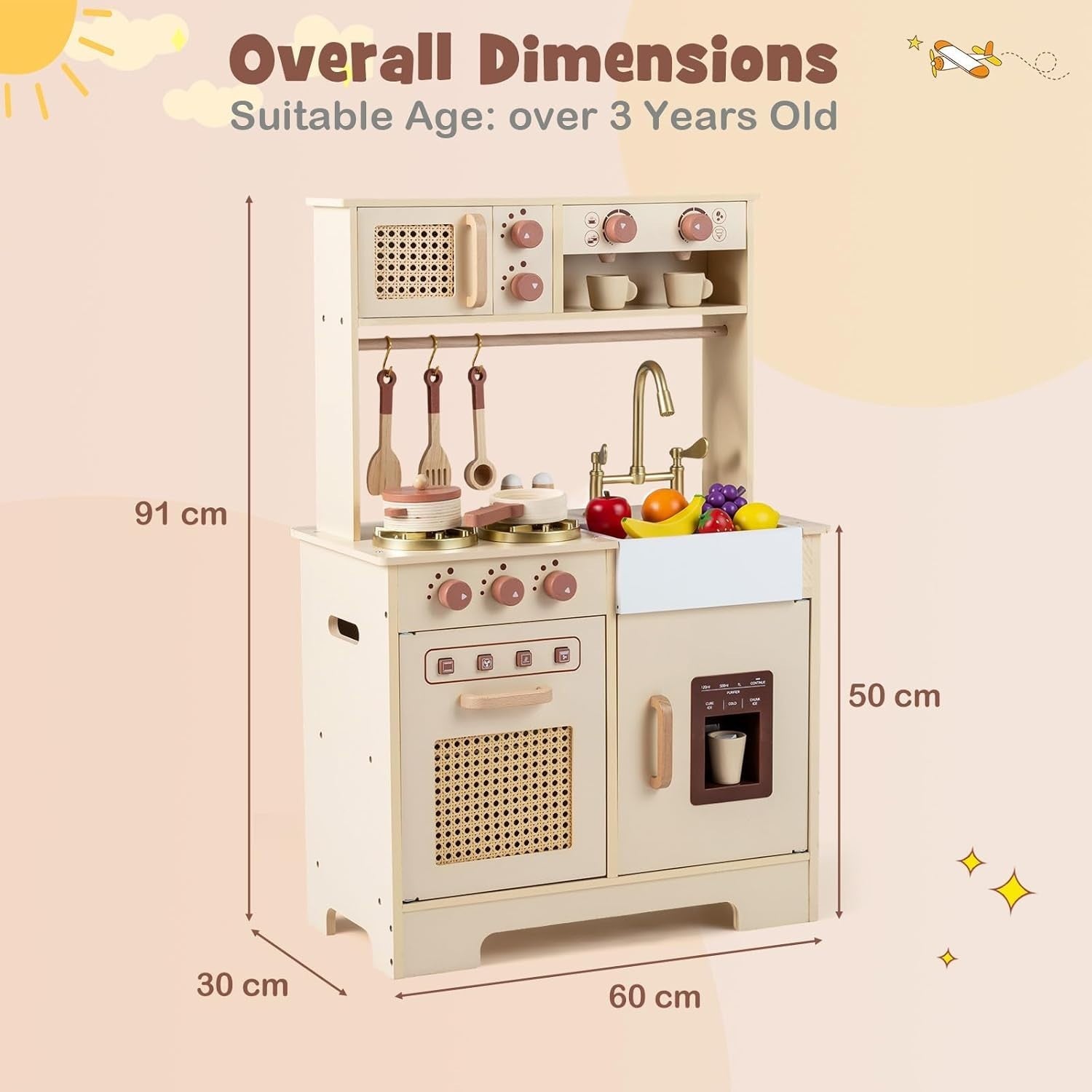 Kids Wooden Play Kitchen w/ Lights Sounds Ice Maker Yellow