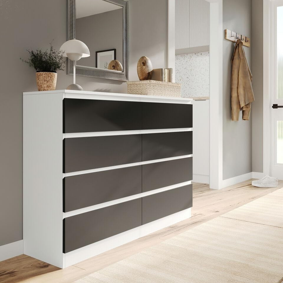 Modern 8 Drawer Chest Black White Storage Unit for Bedroom Office Hallway