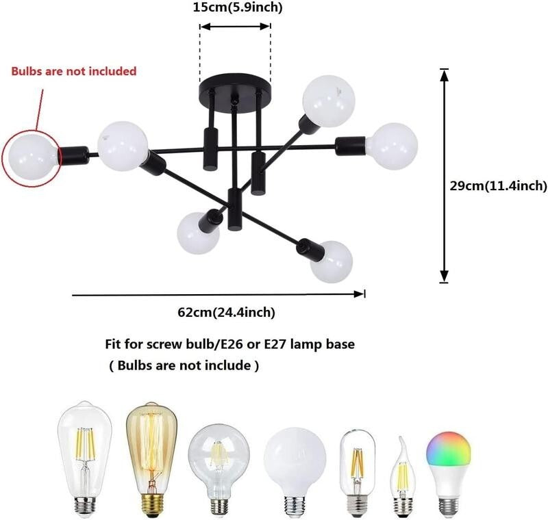 Modern 6-Light Sputnik Chandelier Black Ceiling Light E27 for Home