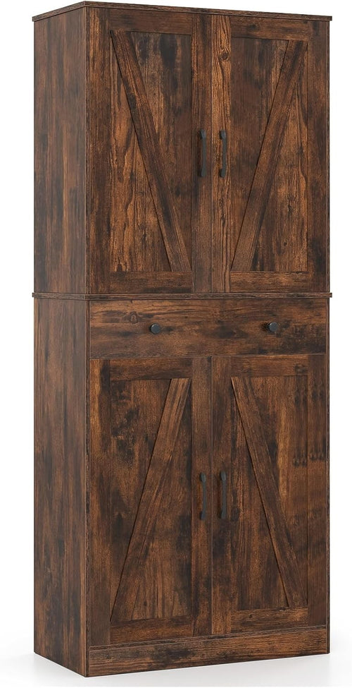 Tall Kitchen Cupboard Rustic Brown 4-Door Buffet Pantry Cabinet