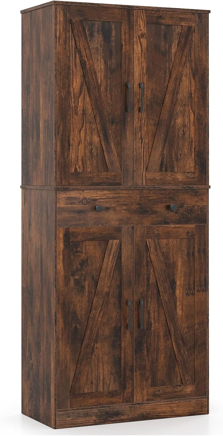 Tall Kitchen Cupboard Rustic Brown 4-Door Buffet Pantry Cabinet