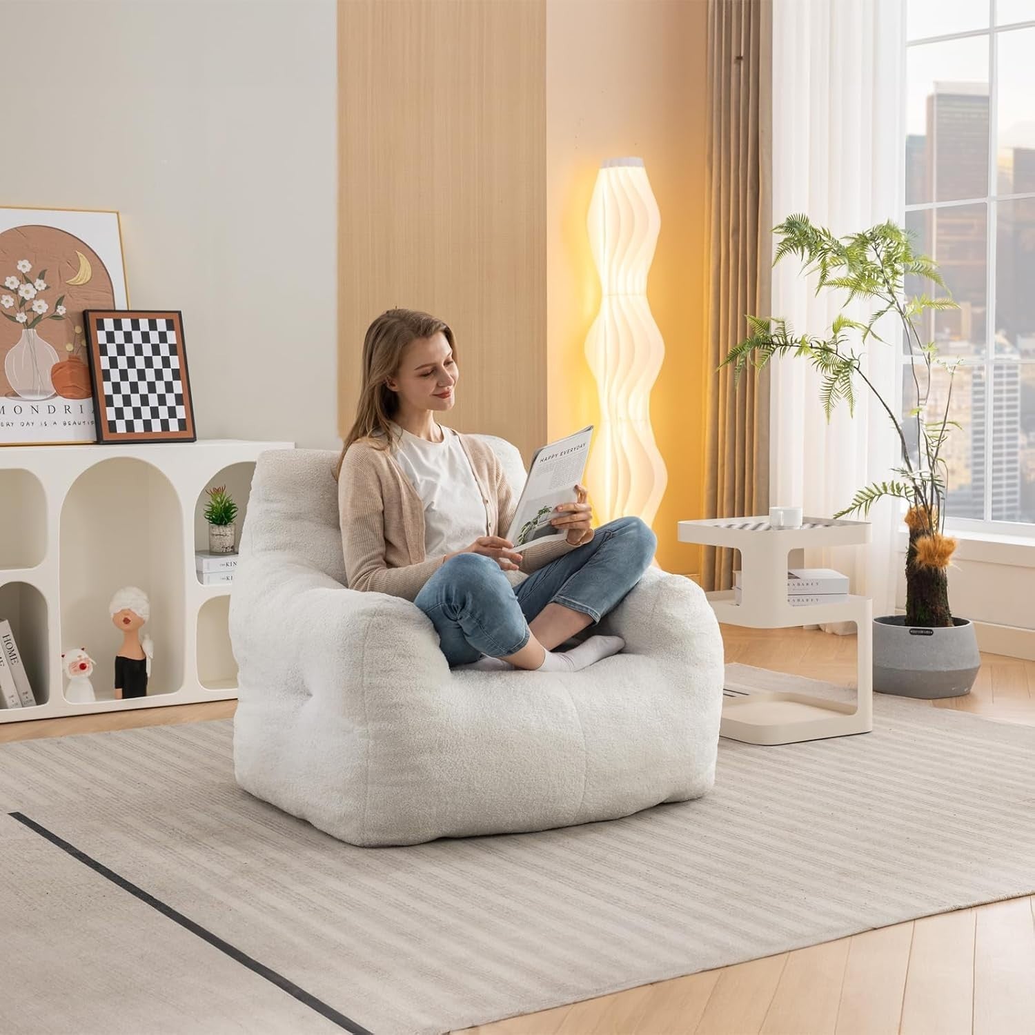 White Memory Foam Bean Bag Chair | Large Teddy Sofa Seat for Adults Room