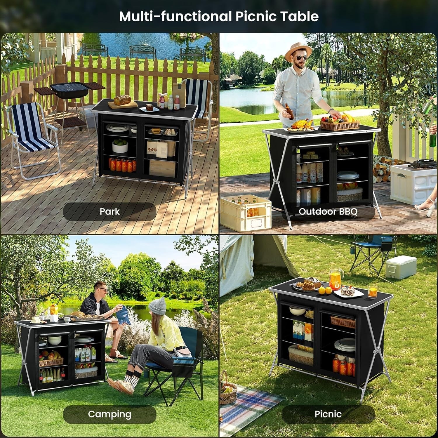 Camping Kitchen Table Foldable with Storage Cupboards & Carry Bag