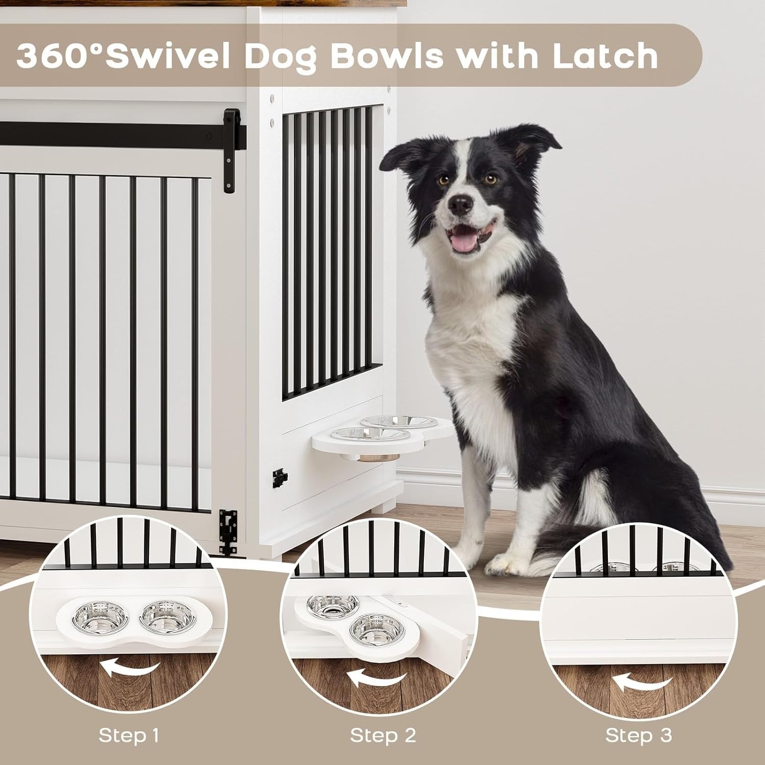 Large Indoor Wooden Dog Crate with Sliding Doors, Drawer & Rotatable Bowls