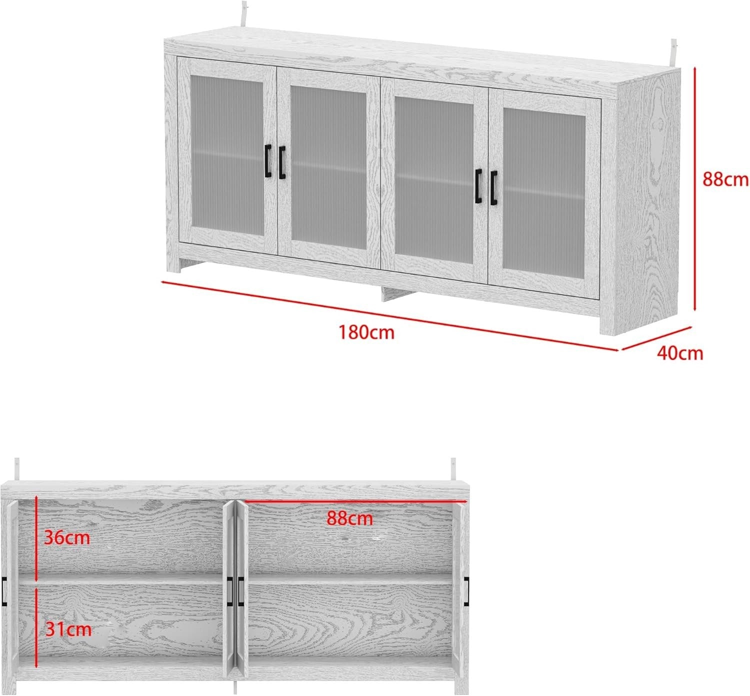 Modern White Sideboard Buffet Cabinet 4 Door Glass Storage Unit 180cm