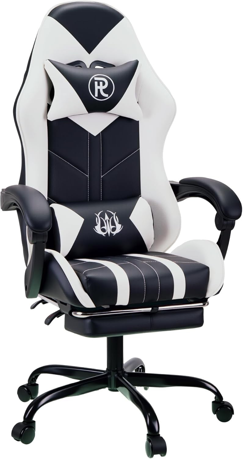 Ergonomic Gaming Chair with Footrest & Lumbar Support – White PC Seat