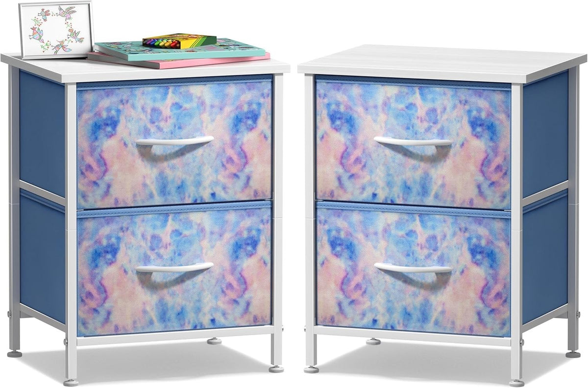 2x Kids 2-Drawer Nightstand Fabric Storage Chest Bedside Table Blue Tie-Dye