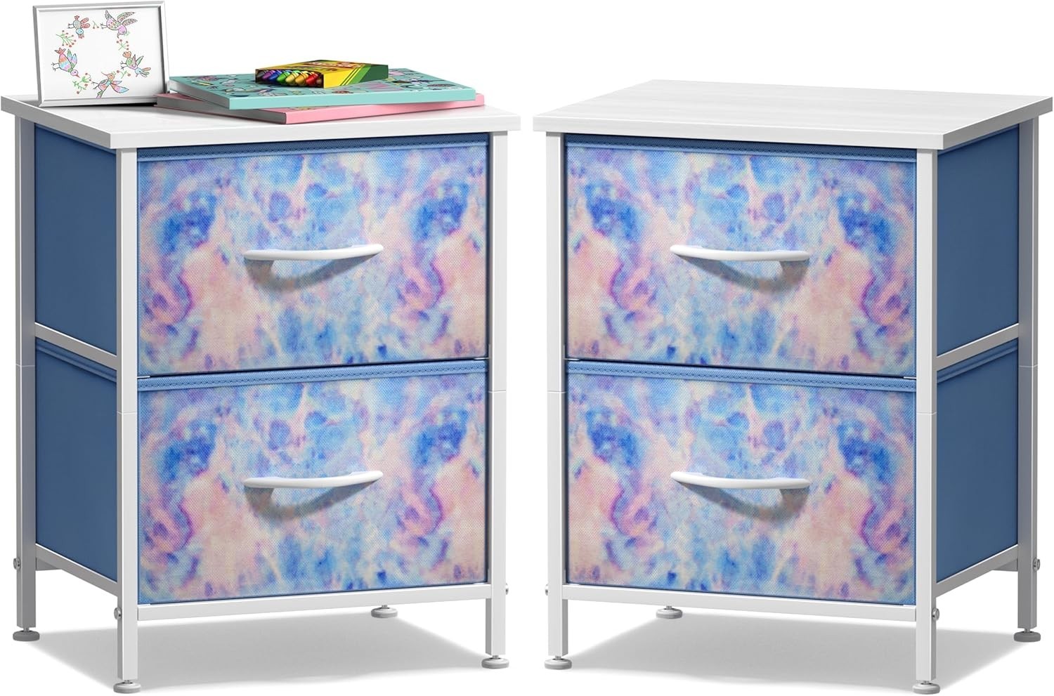2x Kids 2-Drawer Nightstand Fabric Storage Chest Bedside Table Blue Tie-Dye