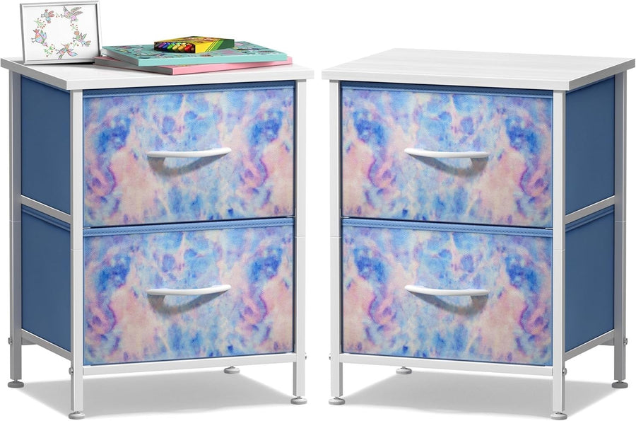 2x Kids 2-Drawer Nightstand Fabric Storage Chest Bedside Table Blue Tie-Dye
