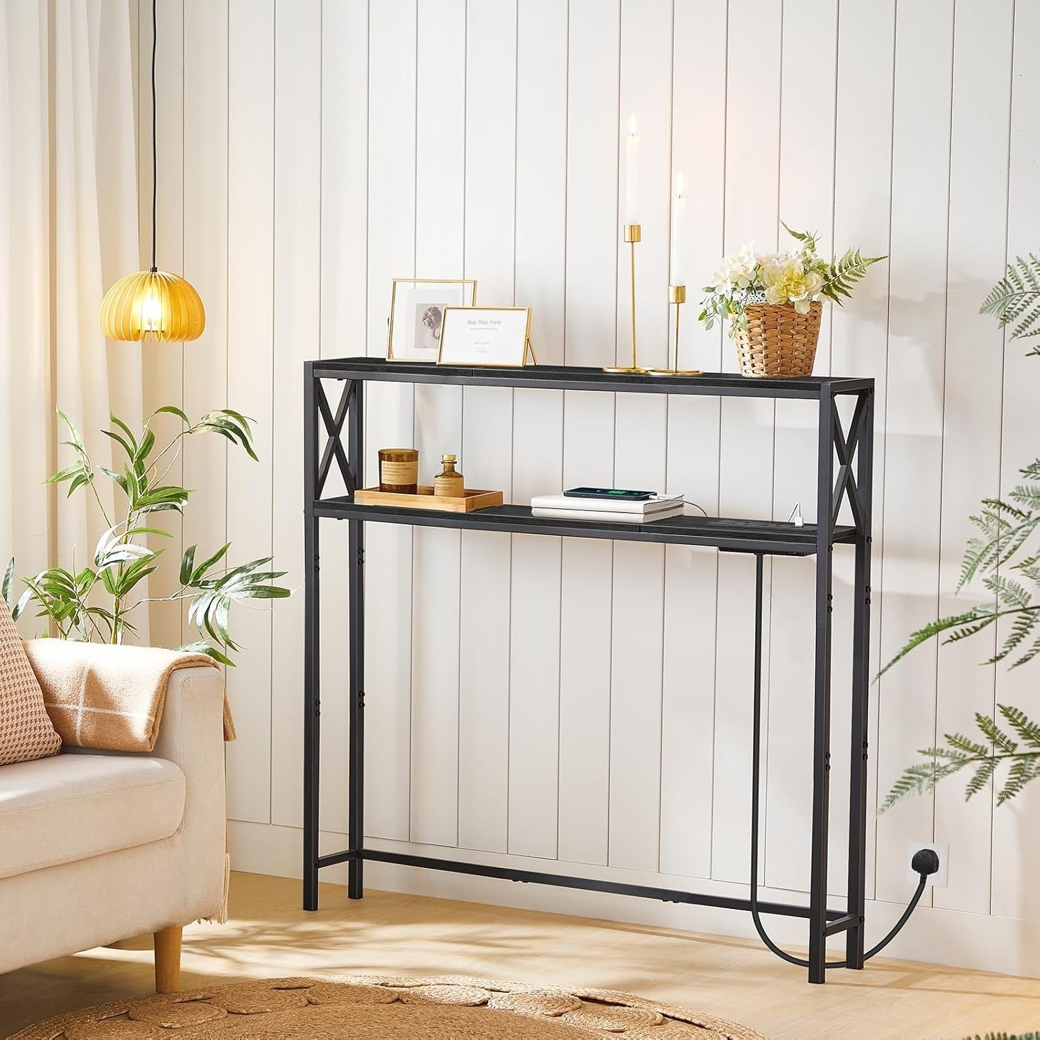 Narrow Sofa Table with Charging Station & Dual USB Ports, 100x15x100cm