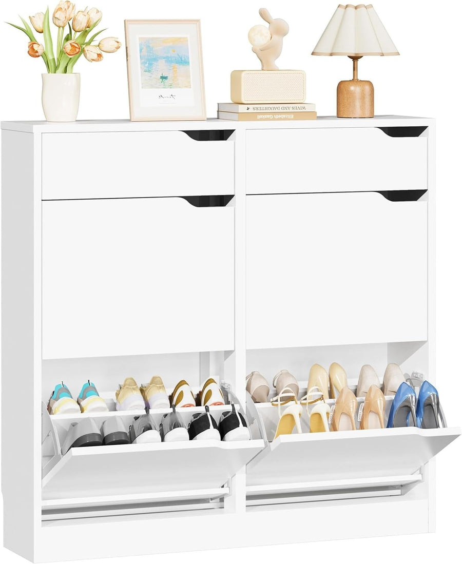 Modern Slim Shoe Cabinet with 4 Flip Drawers & 2 Storage Drawers – White