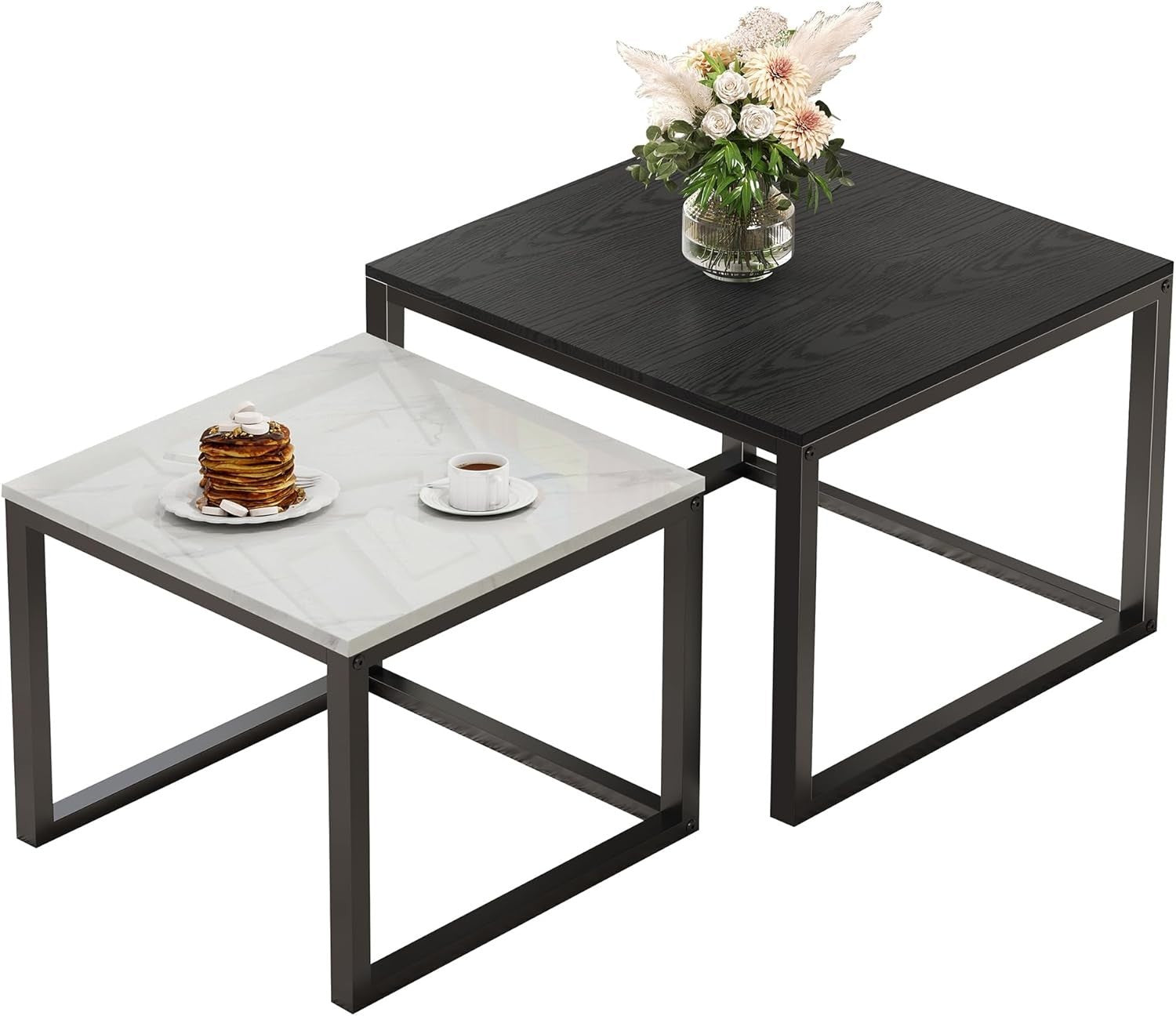 Modern Nesting Coffee Table Set 2 Black White Square Metal Wood Living Room
