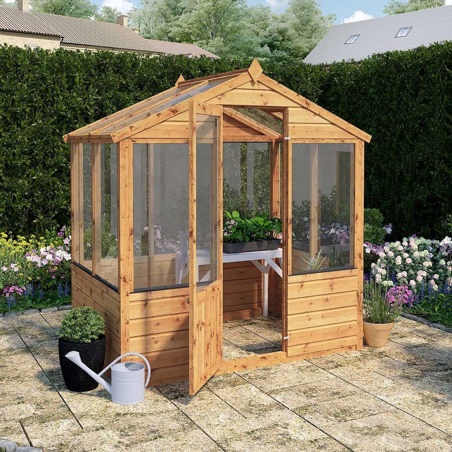 4x6 Wooden Garden Greenhouse with Apex Roof & Opening Vent – Tongue & Groove