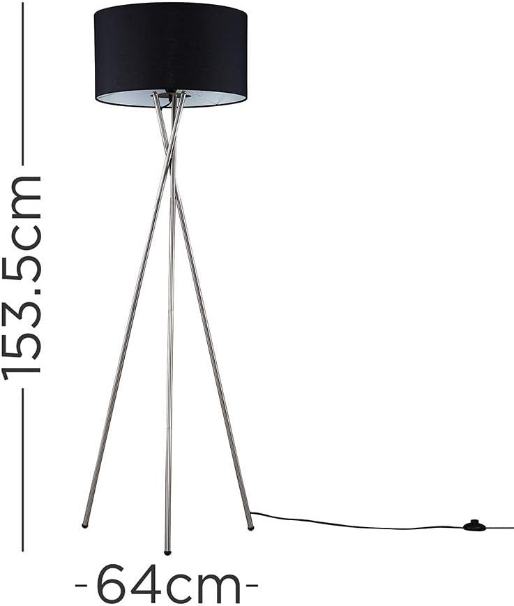 Modern Chrome Tripod Floor Lamp Black Shade Tall Living Room Bedroom Light