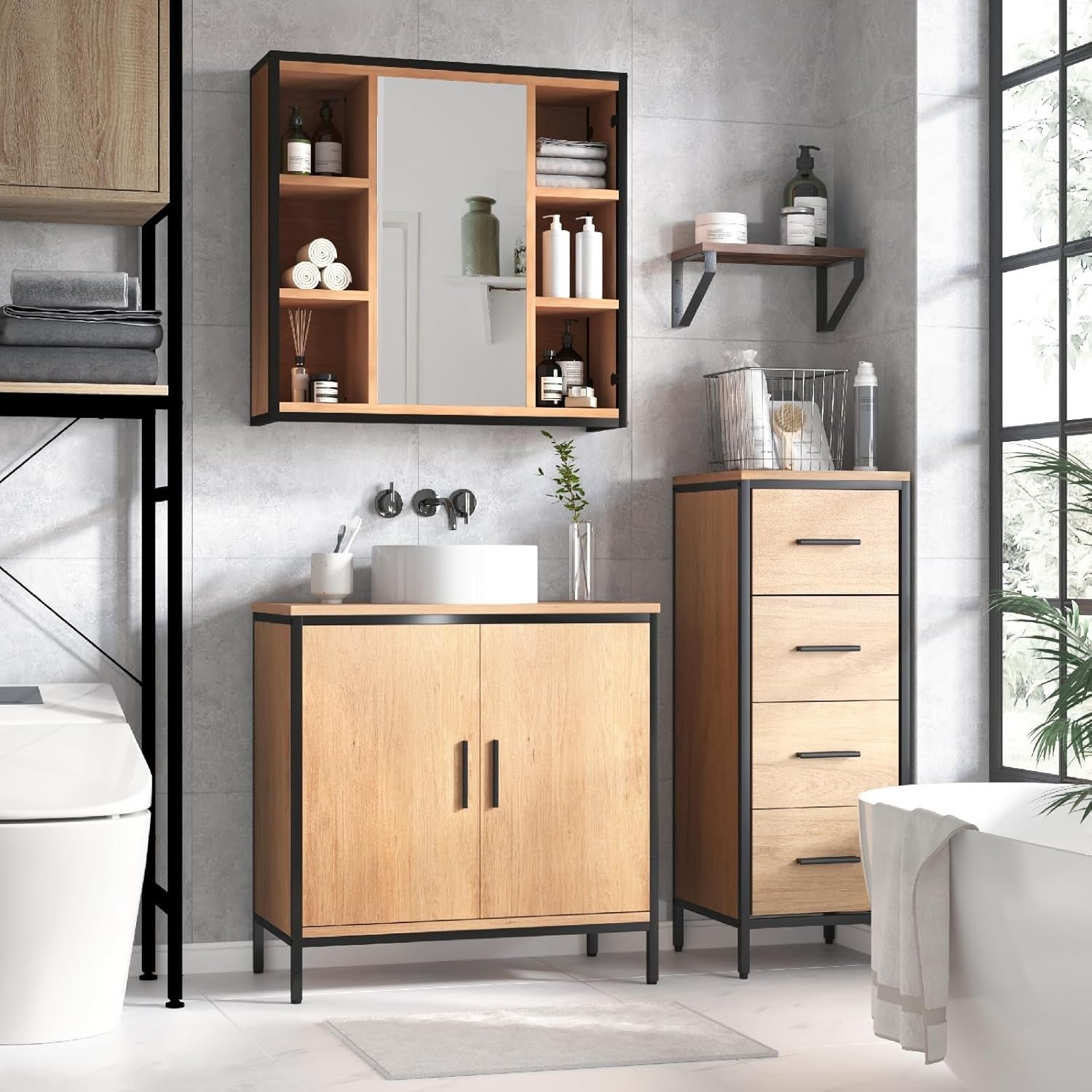Wood Effect Under Sink Bathroom Cabinet 2 Door Vanity Storage Unit 60x30x60cm
