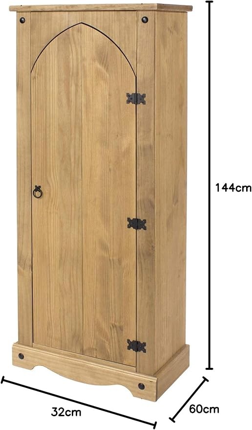 Tall Solid Pine Storage Cupboard with 1 Door & 3 Shelves, Rustic Wooden Cabinet