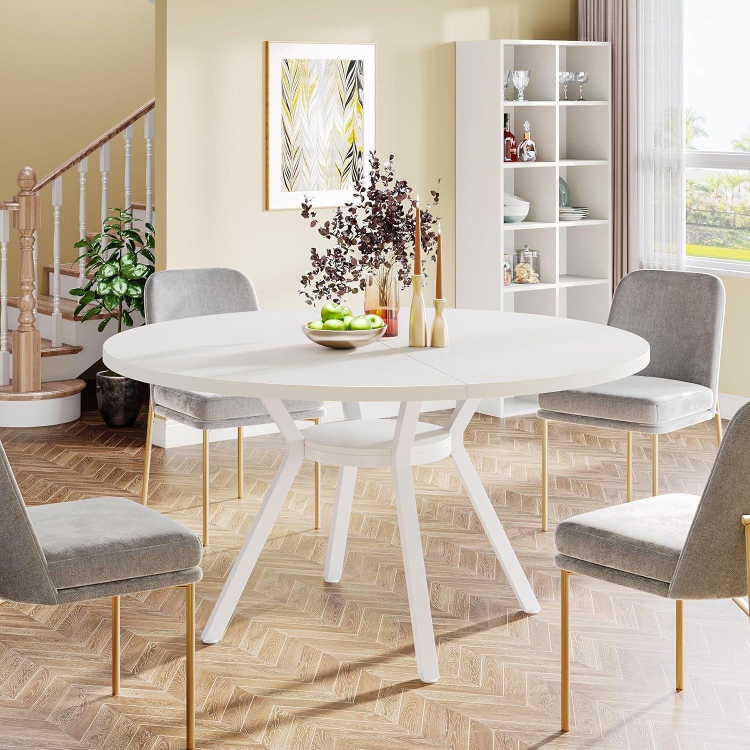 Modern Round Dining Table 120CM Seats 6–8 Metal Legs White Kitchen