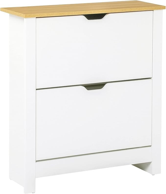 White Narrow Shoe Cabinet with 2 Flip Drawers, Wooden Top Hallway Storage Unit