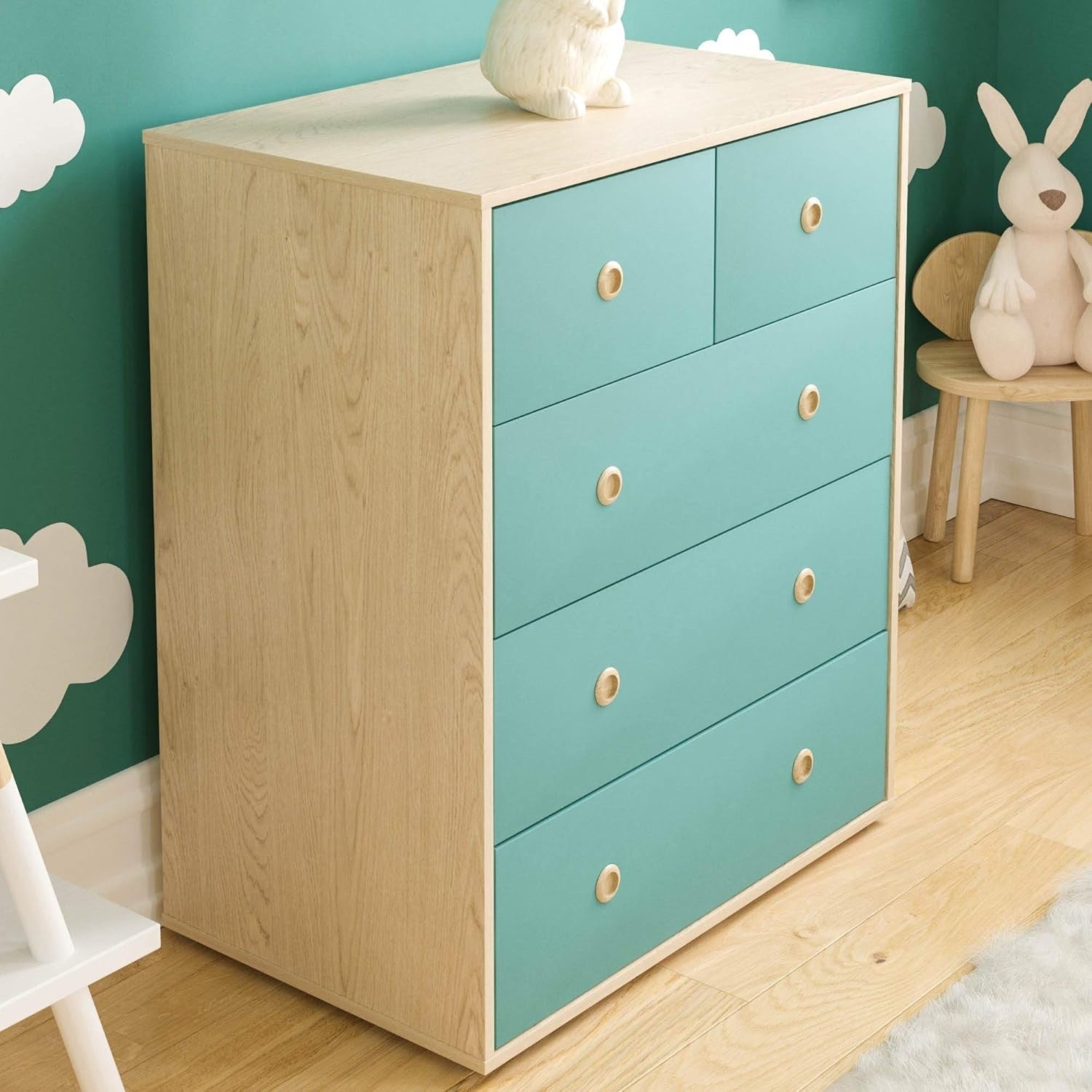 Modern Kids 5-Drawer Chest Blue & Oak – Stylish Compact Bedroom Storage