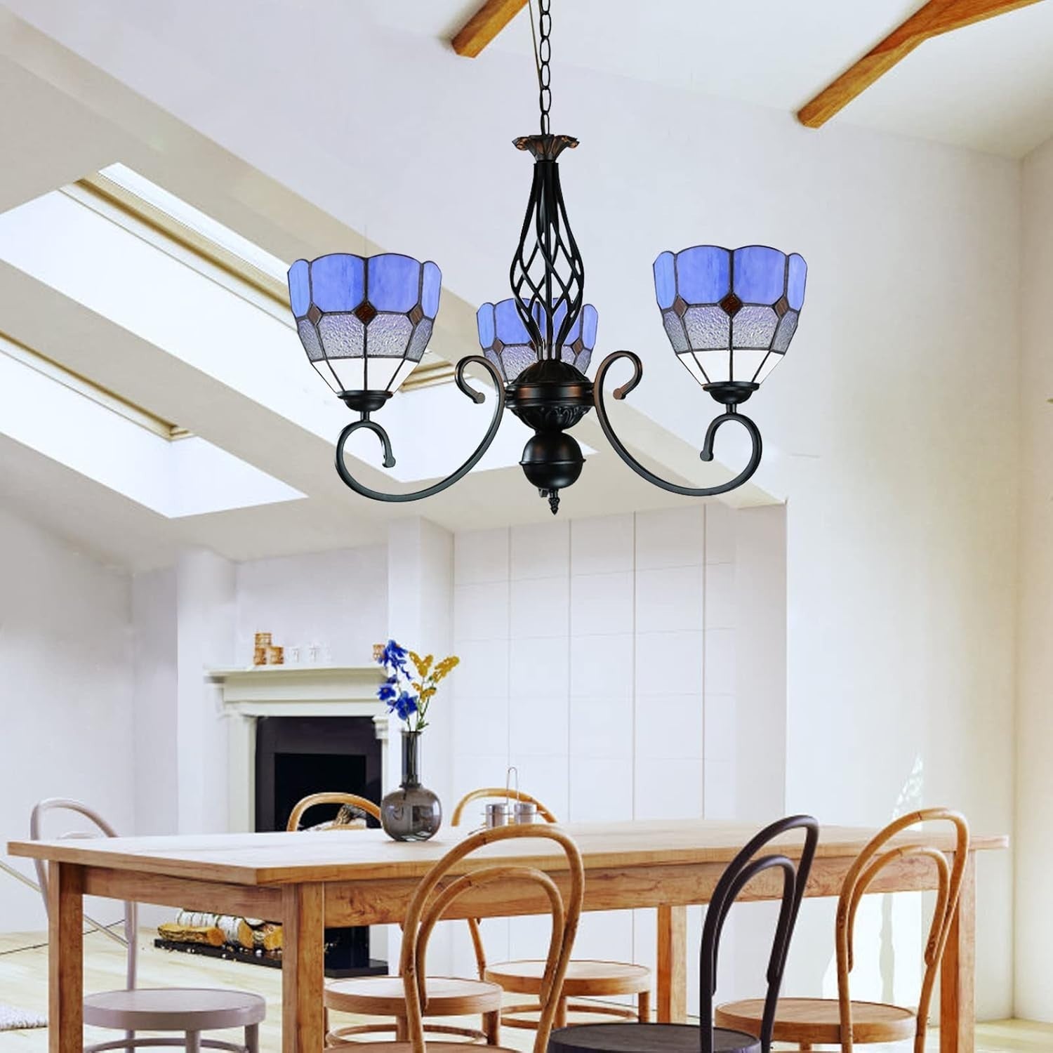 Set of 2 Tiffany Glass Lamp Shades Blue White Chandelier Wall Pendant