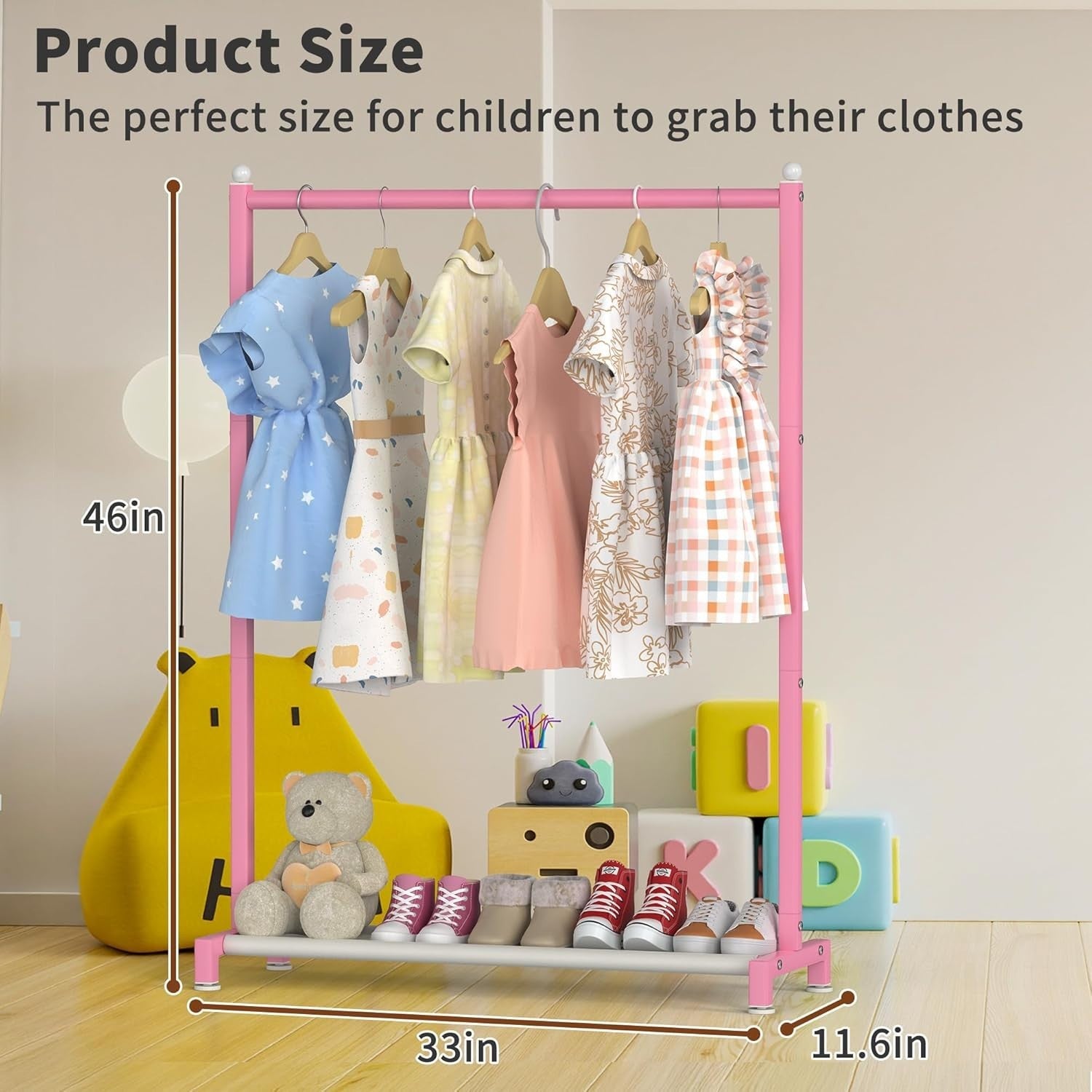 Pink Kids Clothing Rack with Shelf & Adjustable Feet 117cm