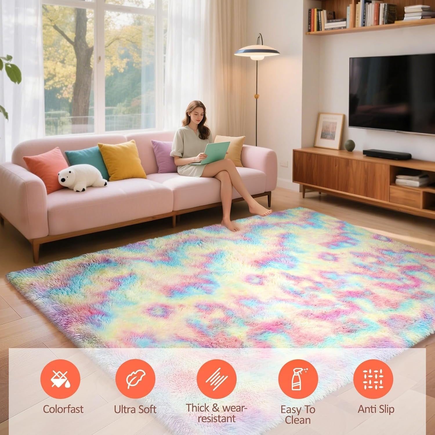 Rainbow Shaggy Area Rug 160x230cm Plush High Pile Carpet Kids Living Room