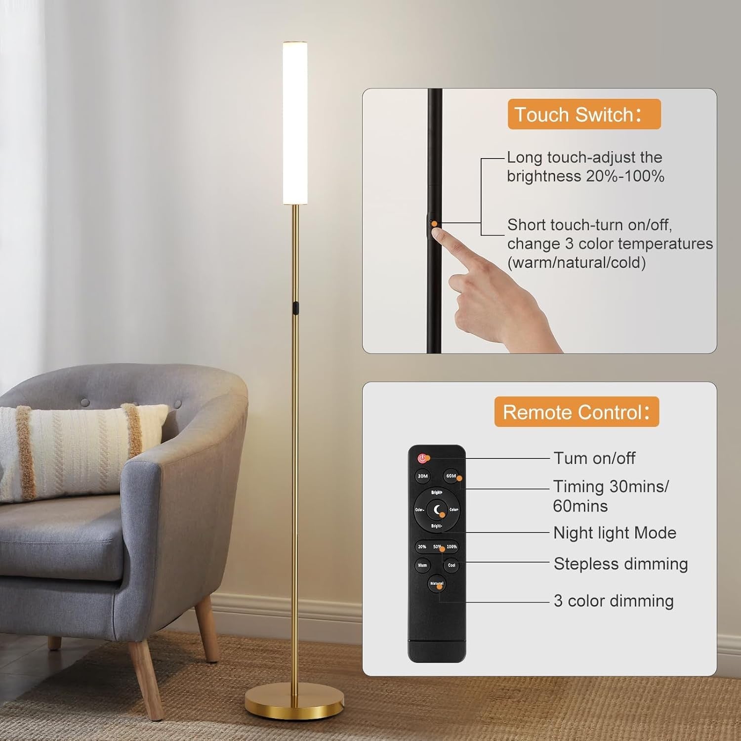 LED Floor Lamp Gold Dimmable Standing Light Remote Touch 3 Colour Modes