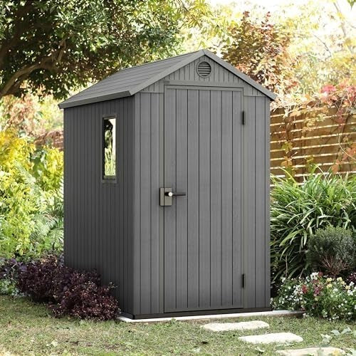6x4ft Outdoor Garden Storage Shed Waterproof Resin Wood Look Grey Apex Roof