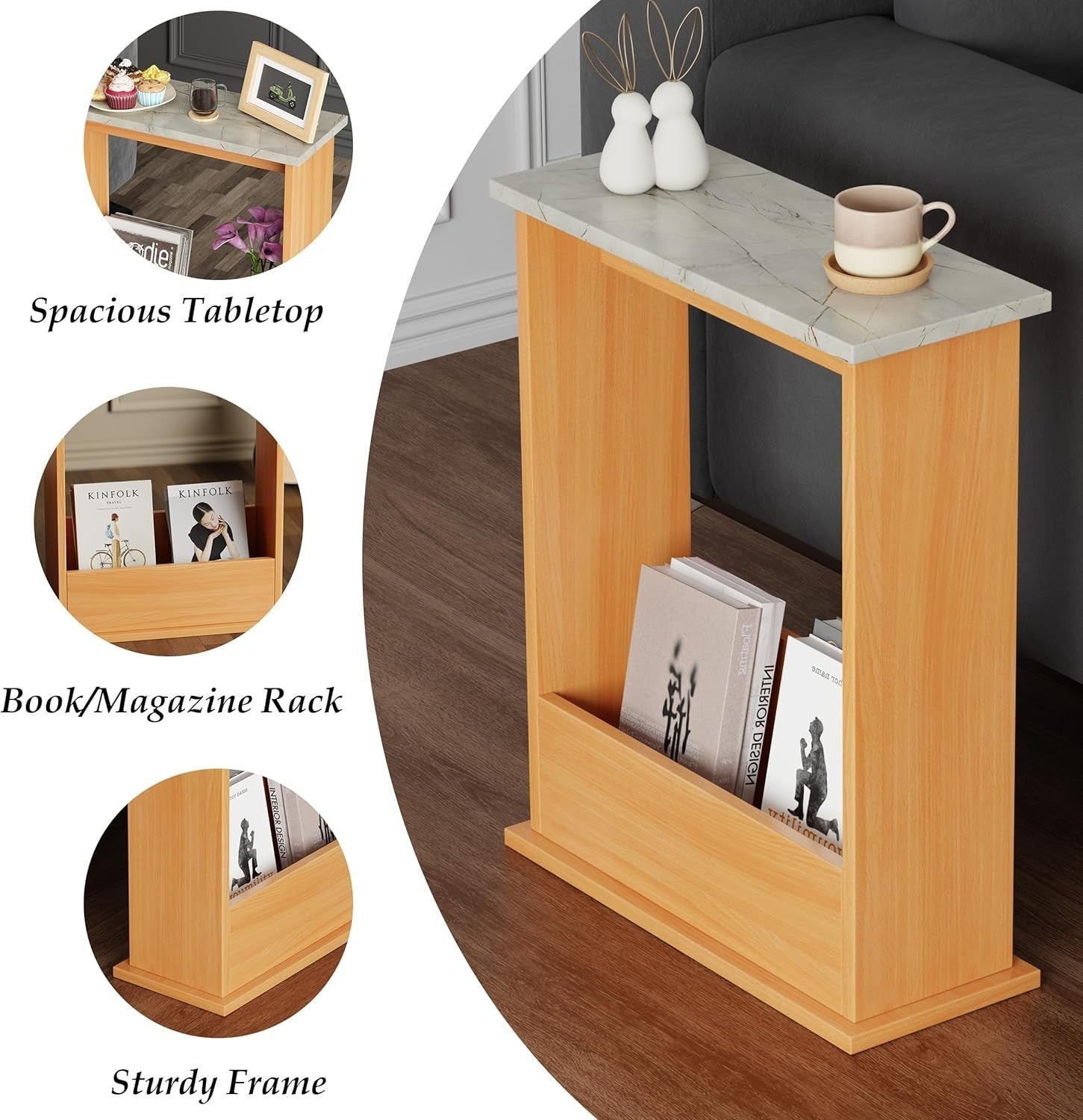 Modern Slim Side Table with Magazine Rack, Marble Top, Compact 55x45x18cm